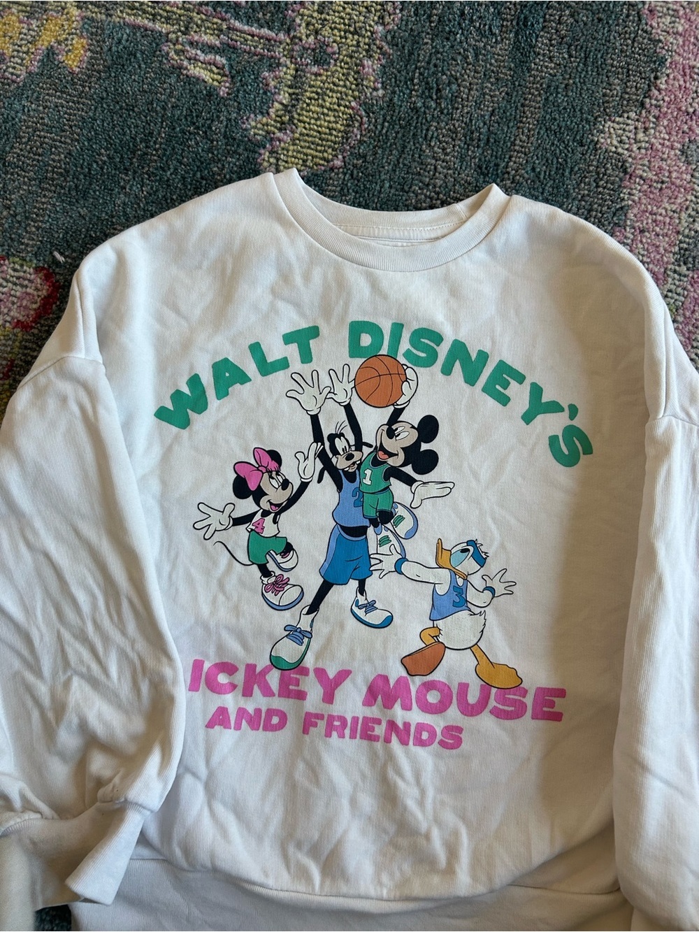 Disney White Kids Sweatshirt with Mickey & Friends Basketball Graphic